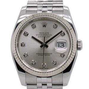 ROLEX DATEJUST SILVER DIAMOND DIAL FLUTED STAINLESS STEEL JUBILEE 36 MM 116234
